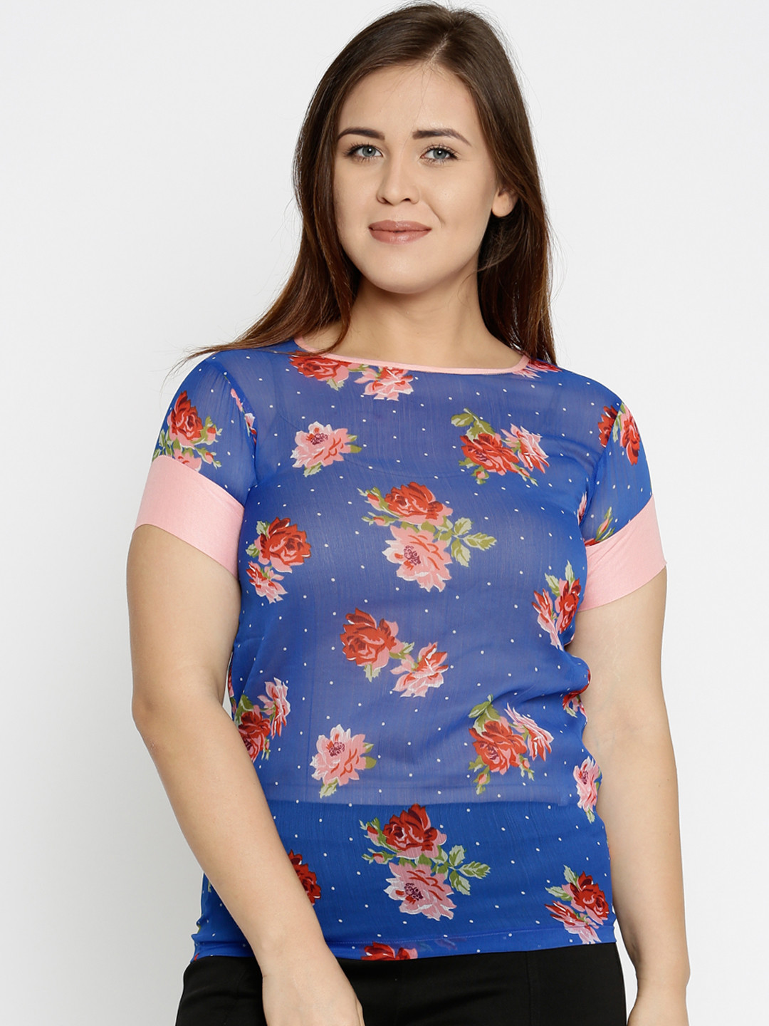 Style Quotient Women Blue Georgette Floral Print Sheer Plus Size Top