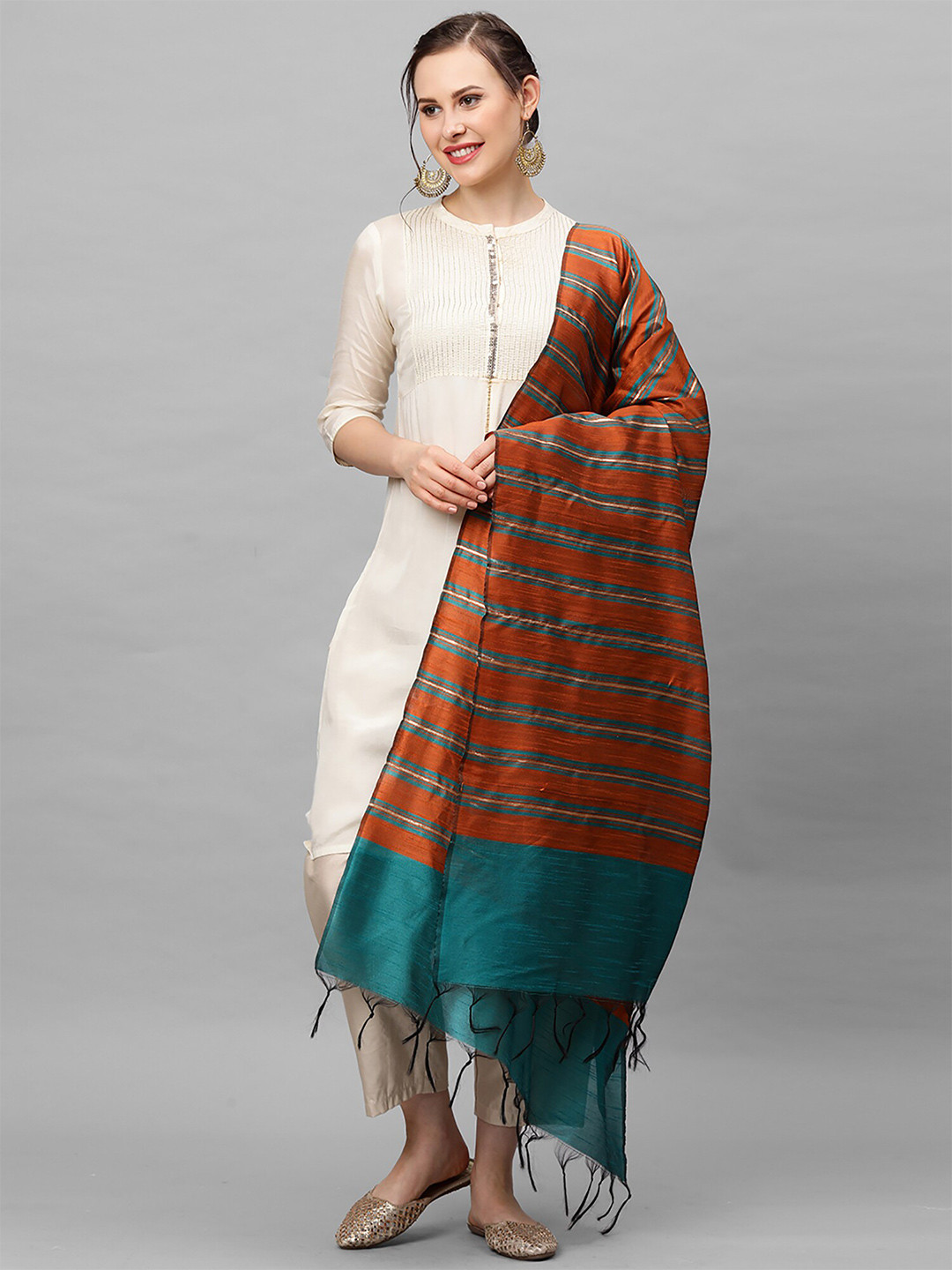 Indo Era Orange & Turquoise Blue Woven Design Dupatta