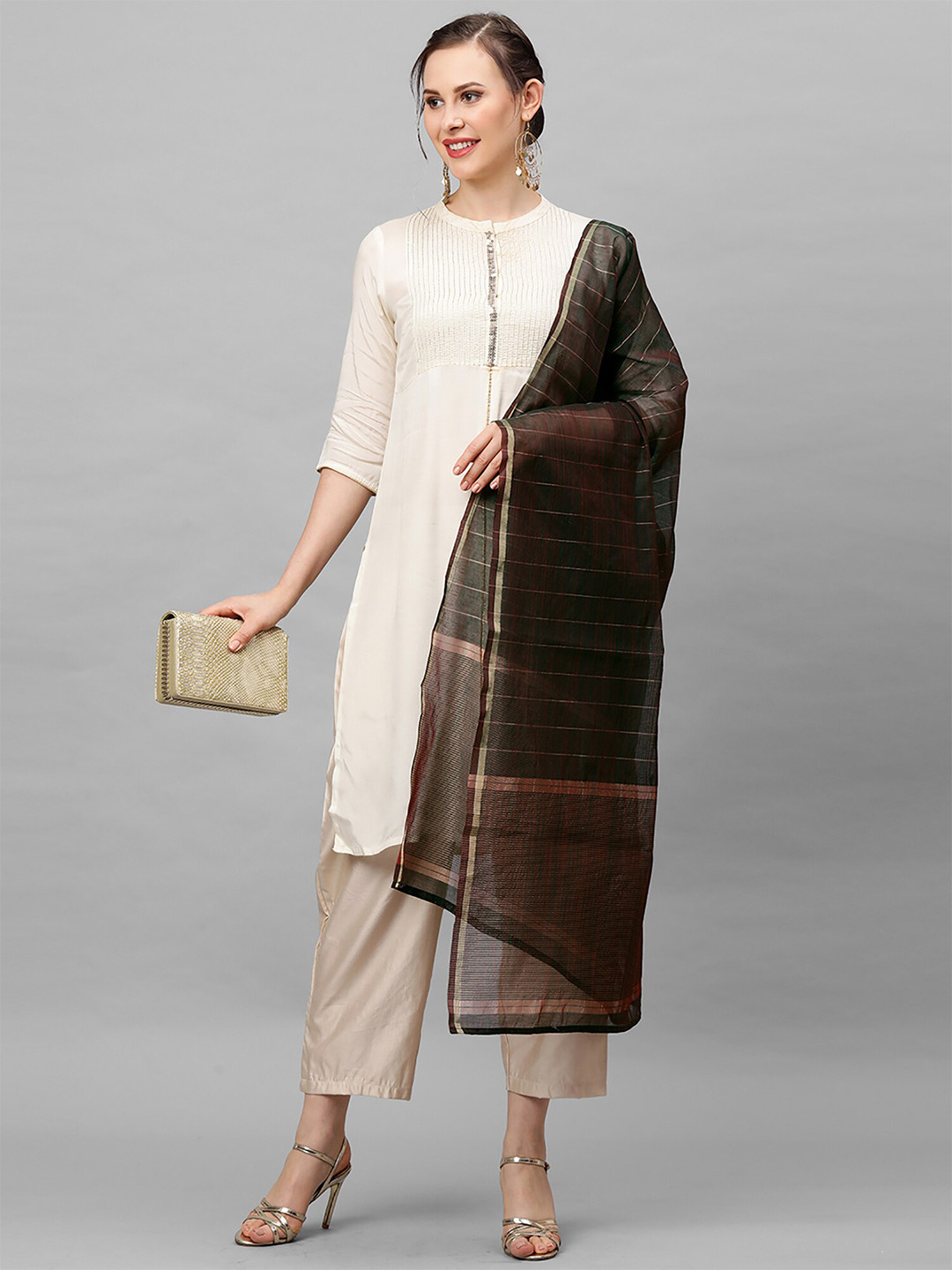 Indo Era Green & Pink Woven Design Art Silk Dupatta