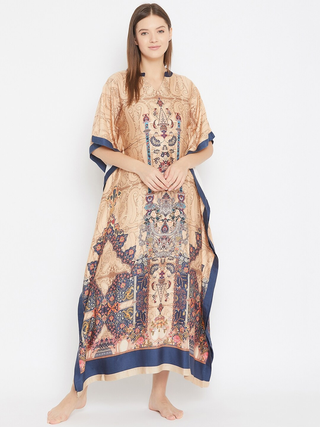 The Kaftan Company Beige & Navy Blue Printed Kaftan Nightdress