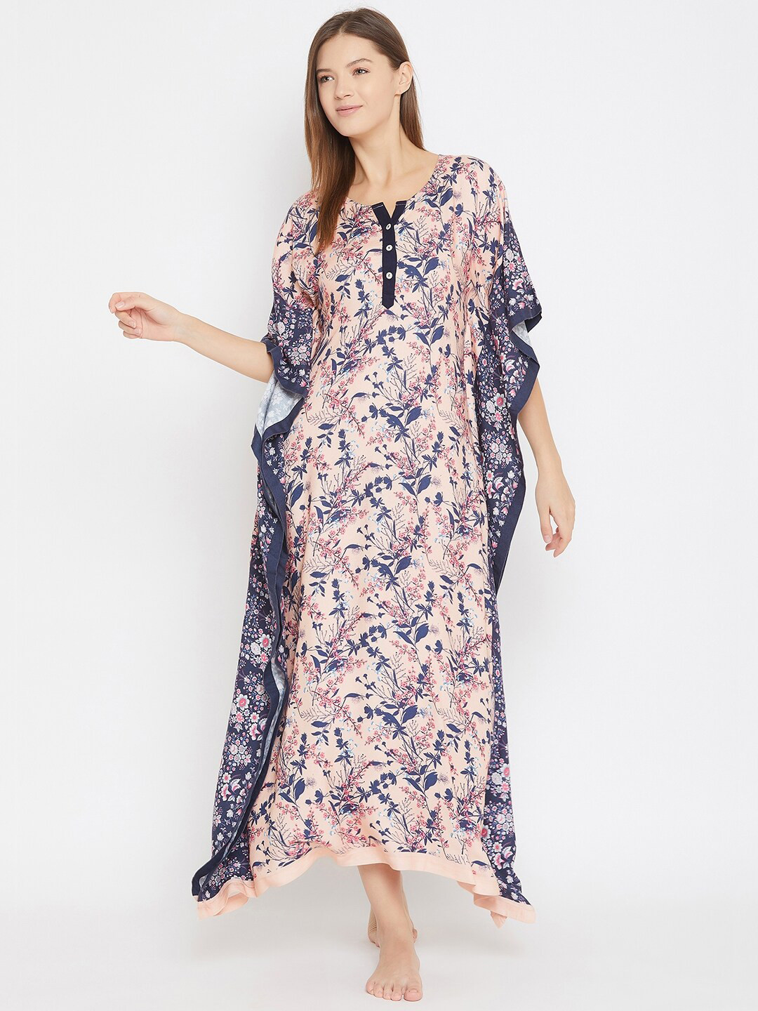 The Kaftan Company Pink & Navy Blue Floral Printed Kaftan Nightdress