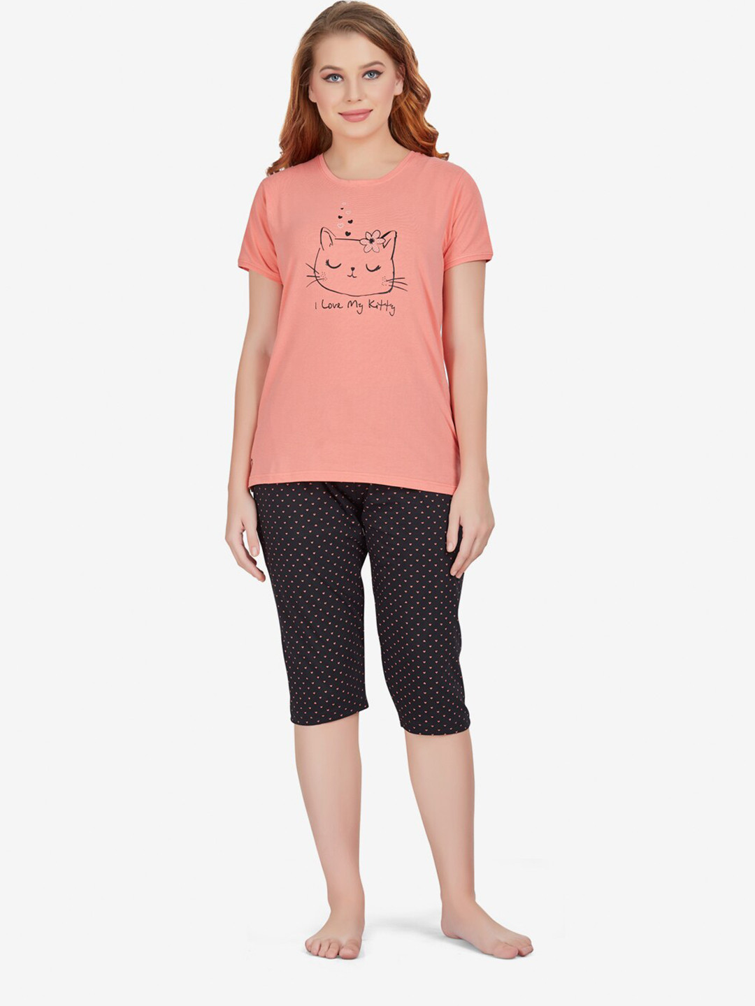 Lenissa Women Peach-Coloured & Black Printed Night Suit