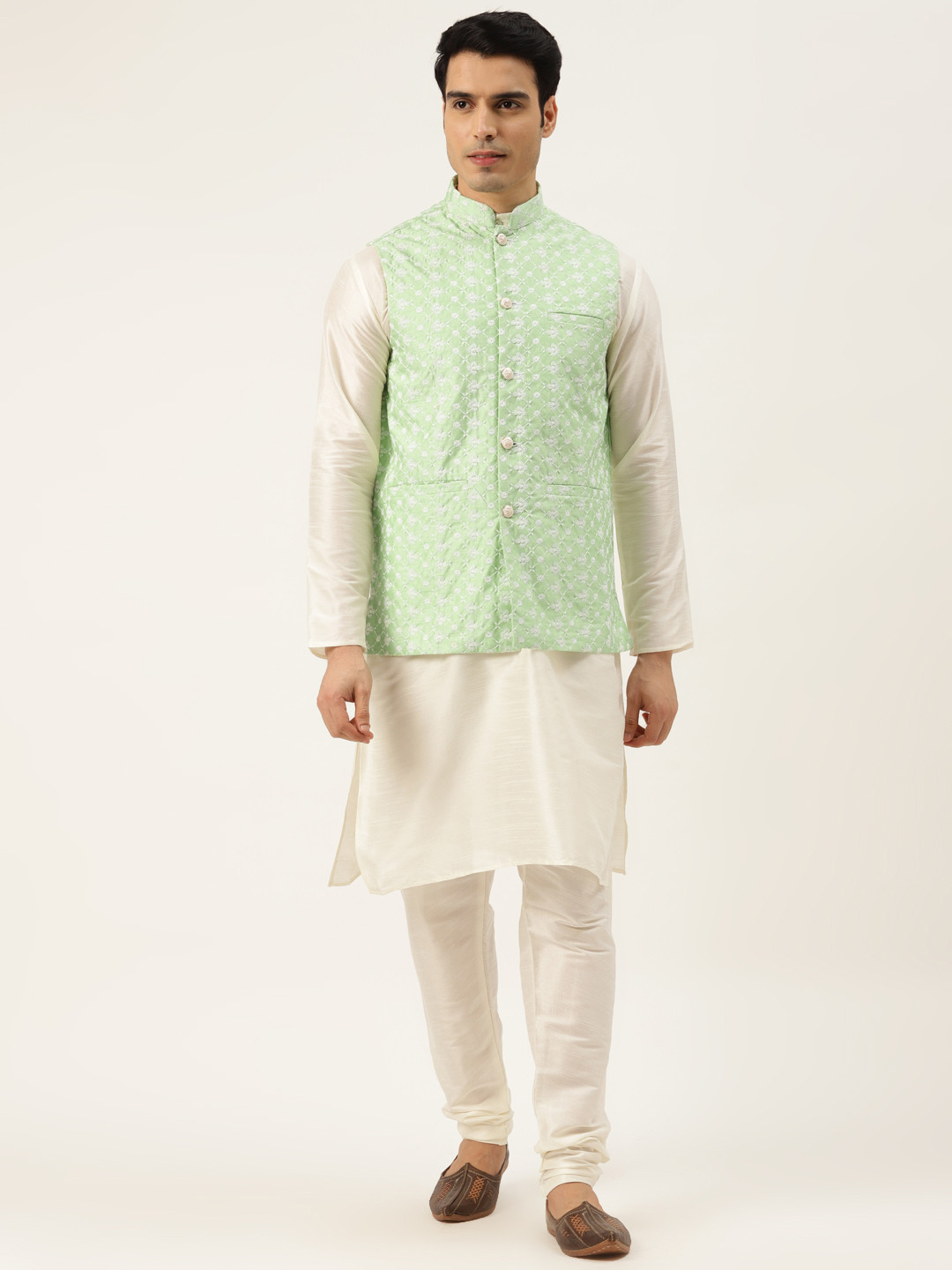 SOJANYA Men Off White & Lime Green Thread Work Kurta with Churidar And Nehru Jacket
