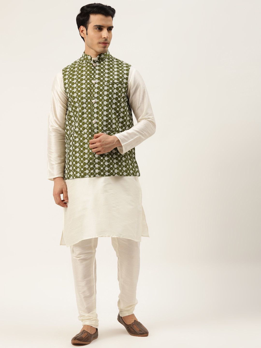 SOJANYA Men Off White & Olive Green Thread Work Kurta with Churidar And Nehru Jacket