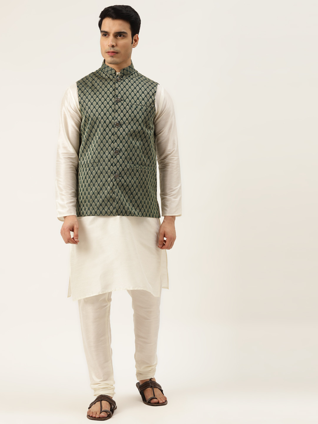 SOJANYA Men Off White & Olive Green Kurta with Churidar And Nehru Jacket