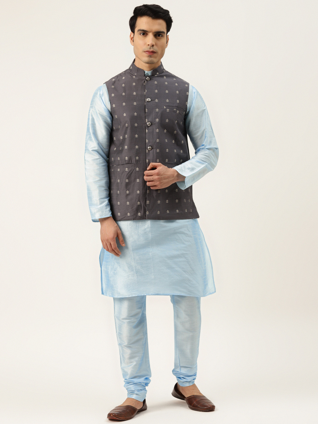 SOJANYA Men Blue & Charcoal Grey Kurta with Churidar And Nehru Jacket