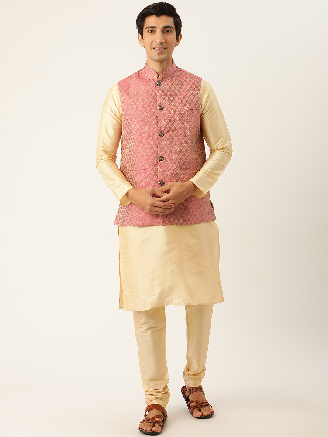 SOJANYA Men Cream-Coloured Solid Kurta with Churidar & Nehru Jacket