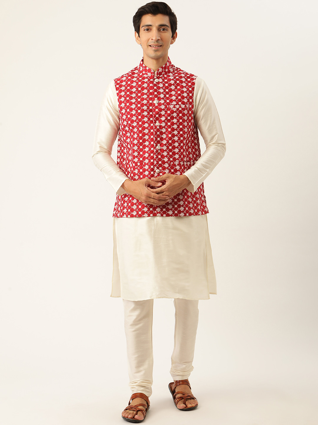 SOJANYA Men Off White & Maroon Thread Work Kurta with Churidar And Nehru Jacket