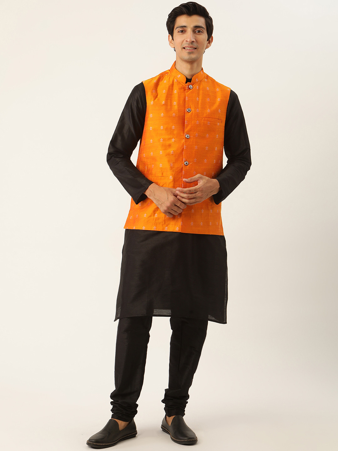 SOJANYA Men Black & Orange Kurta with Churidar