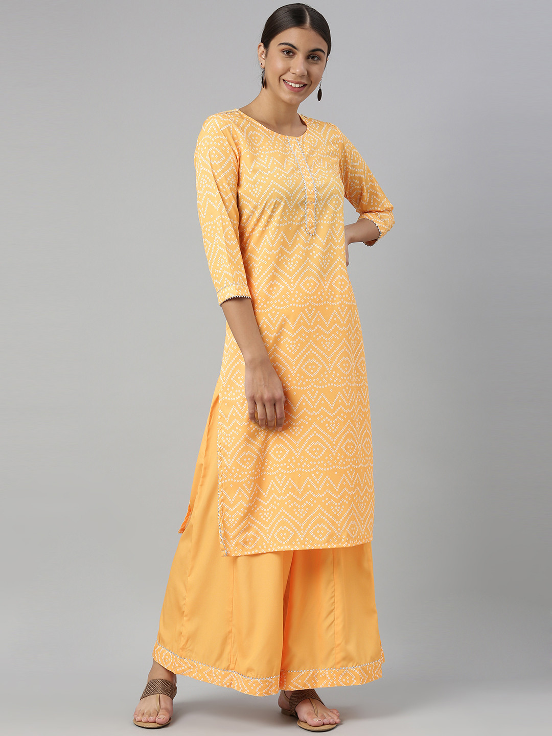 AHIKA Women Yellow Bandhani Printed Kurta with Palazzos