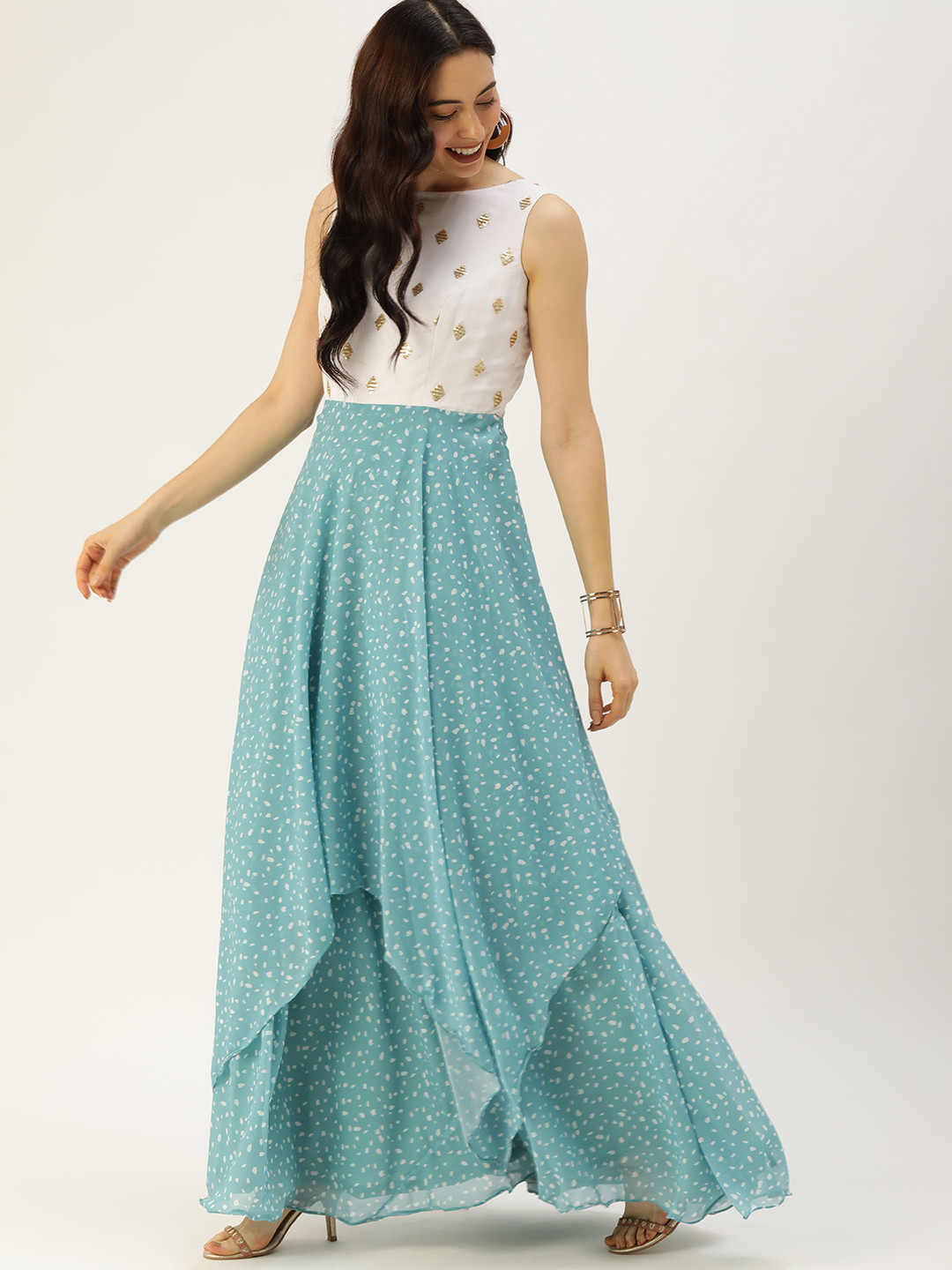 Ethnovog Blue  White Made To Measure Layered Georgette Maxi Dress