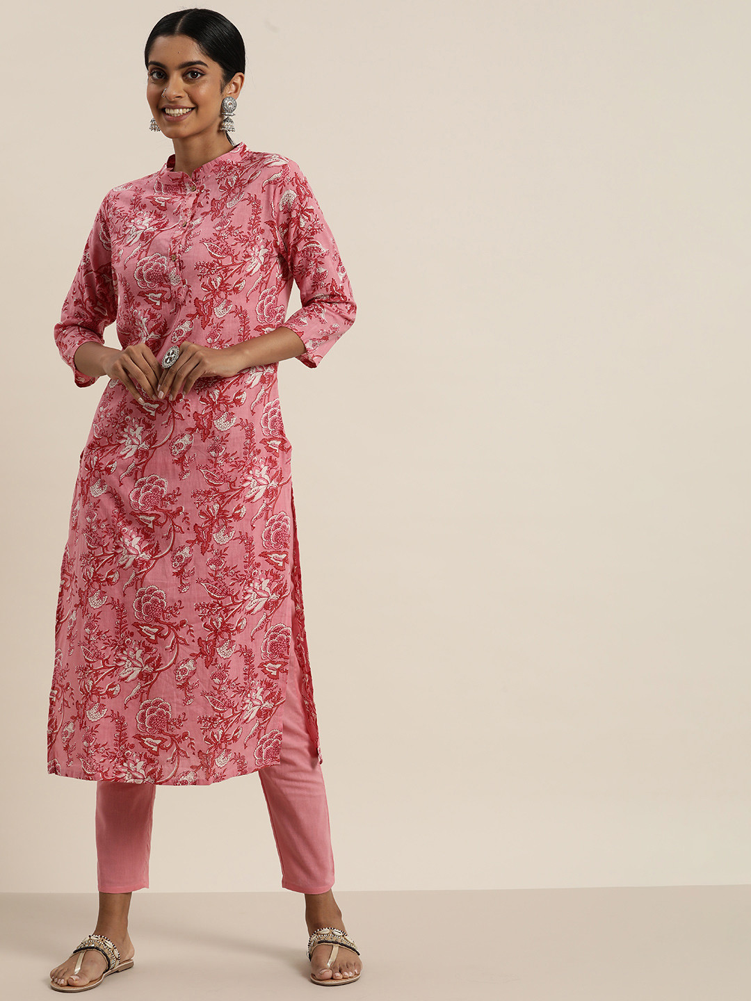 Sangria Women Pink & White Pure Cotton Floral Printed Kurta with Trousers