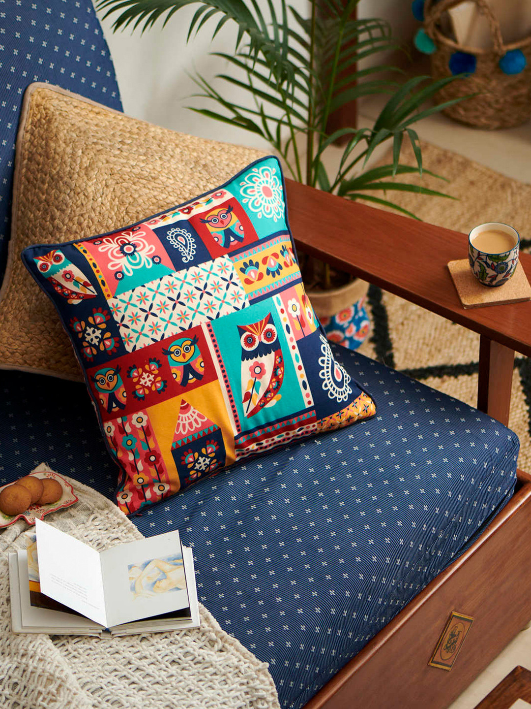 Chumbak Coral Quirky Polycotton Washable Square Cushion Cover -16x16In