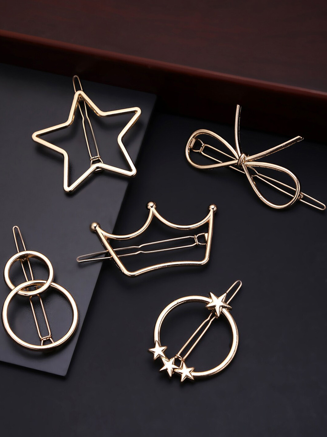 Yellow Chimes Star Bow Set of 5 Gold-Toned Alligator Clips Hair Pins