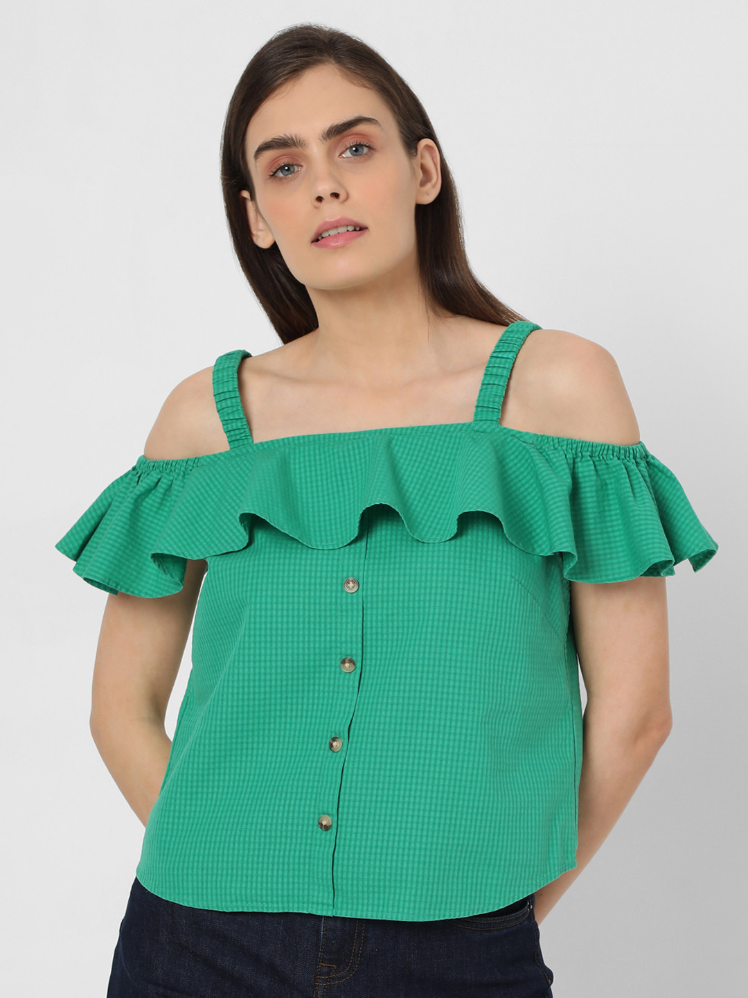 Vero Moda Green Checked Ruffles Top