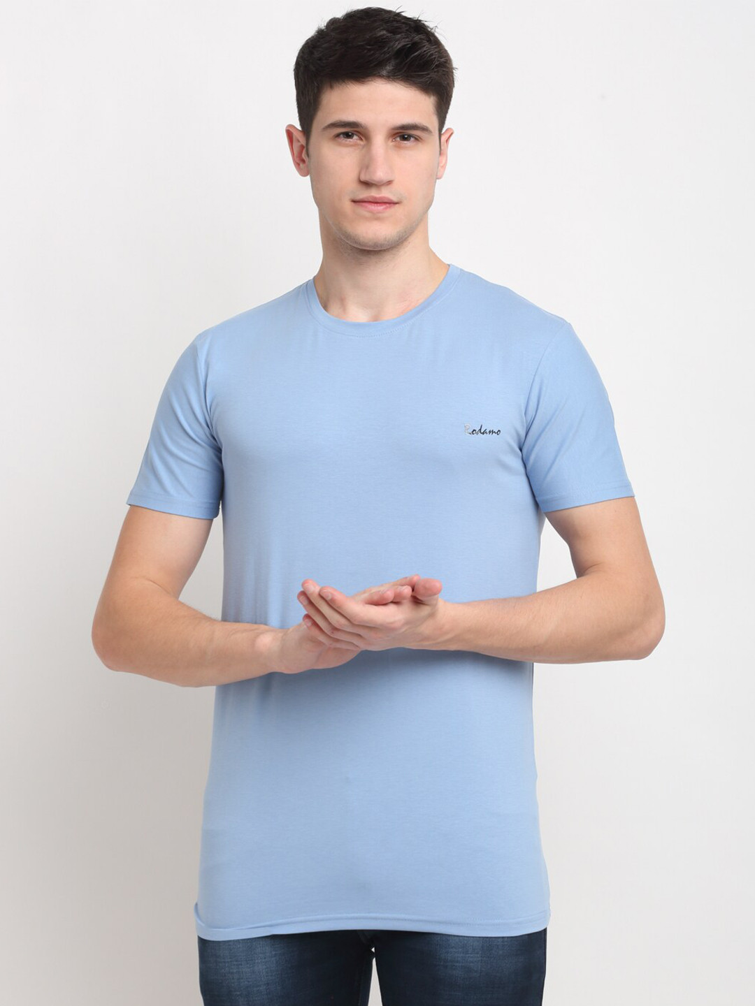 Rodamo Men Blue Solid Round Neck T-shirt