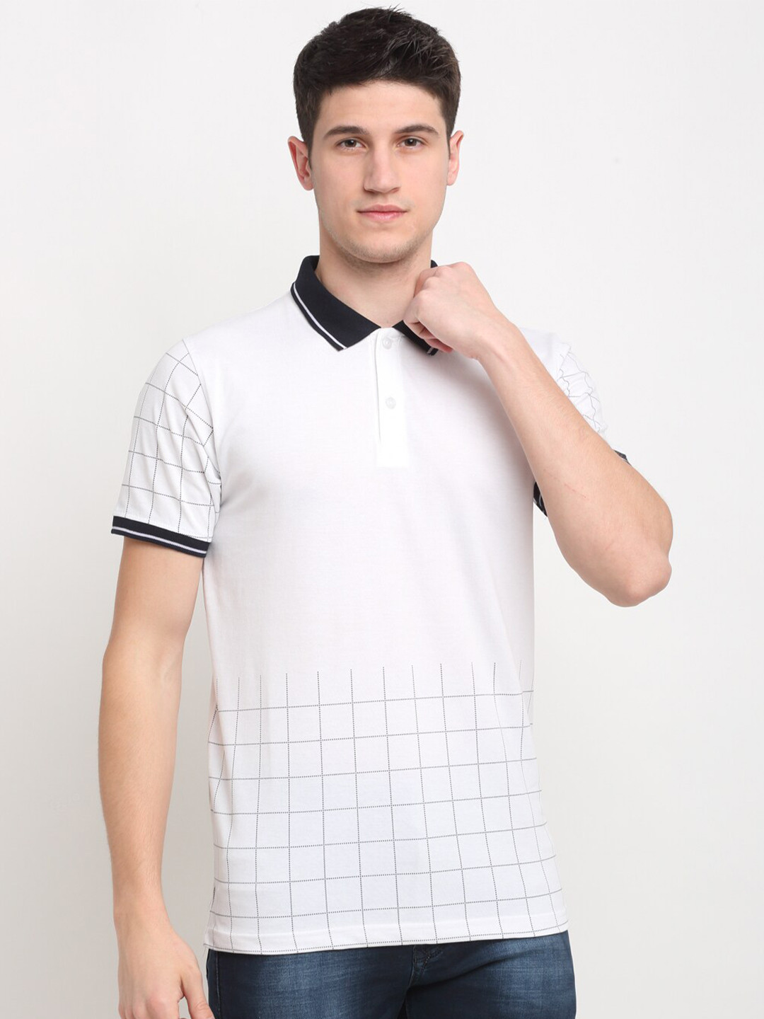 Rodamo Men White & Black Checked Polo Collar T-shirt