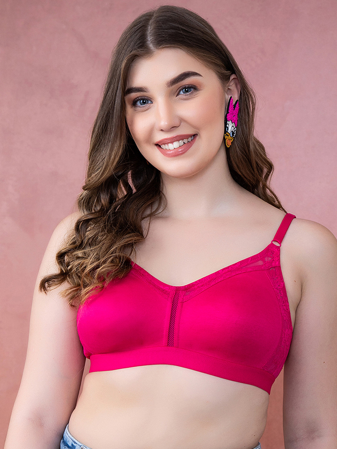 Clovia Pink Cotton Lace Non-Padded Non-Wired Spacer Cup Full Figure Bra BR2178P1432E