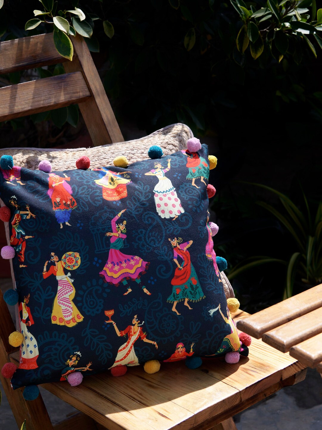 Chumbak Ethnic Motifs Polycotton Washable Embellished Cushion Cover - 15.7 x 15.7 Inches