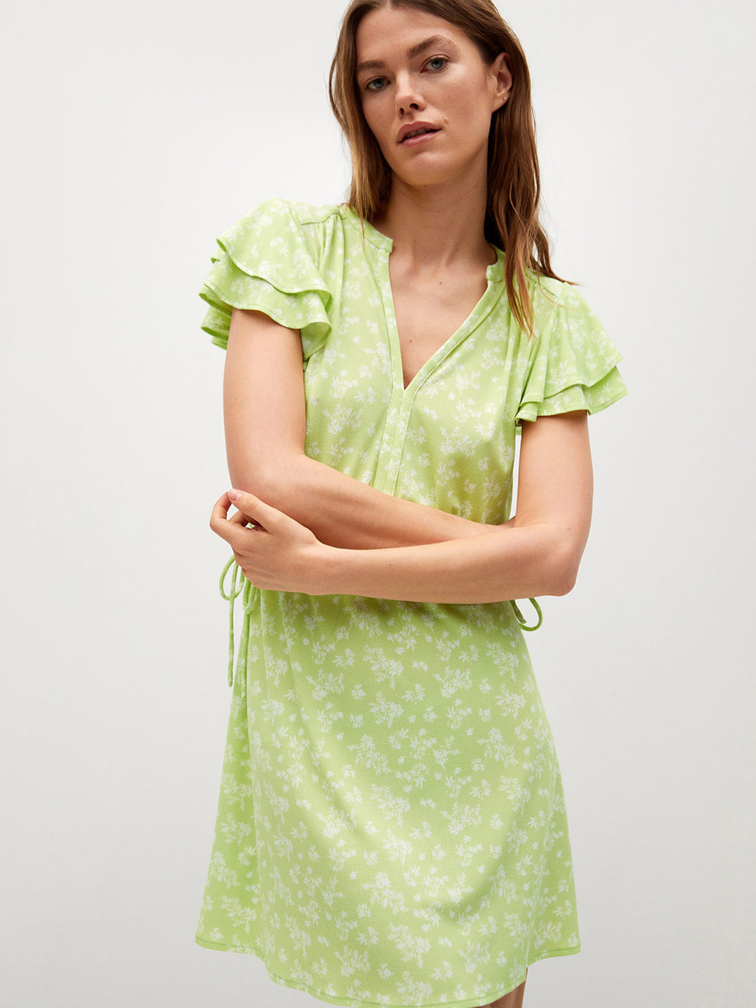 MANGO Women Green & White Floral A-Line Dress