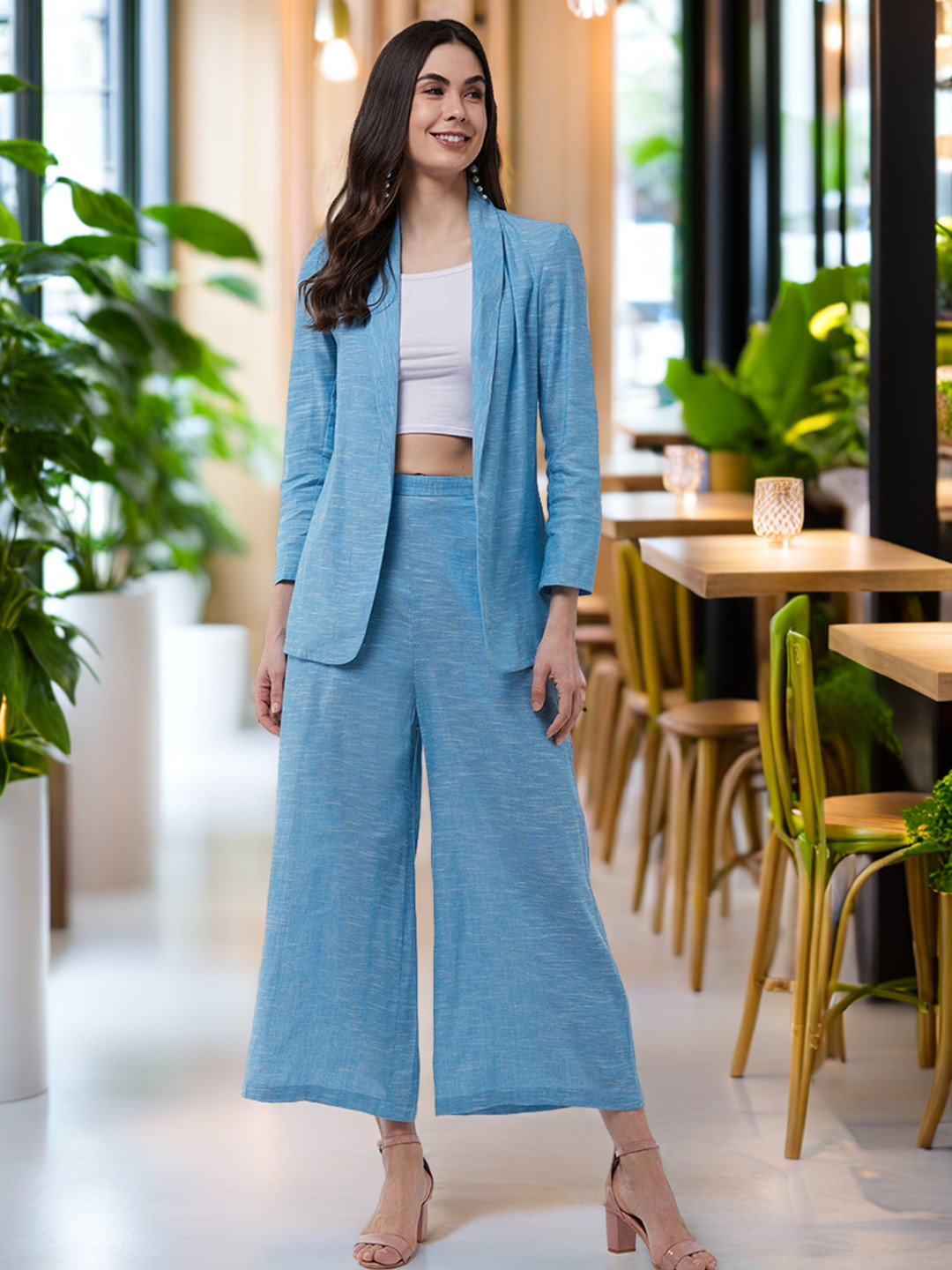 Zima Leto Women Blue Solid Chambray Blazer with Trousers