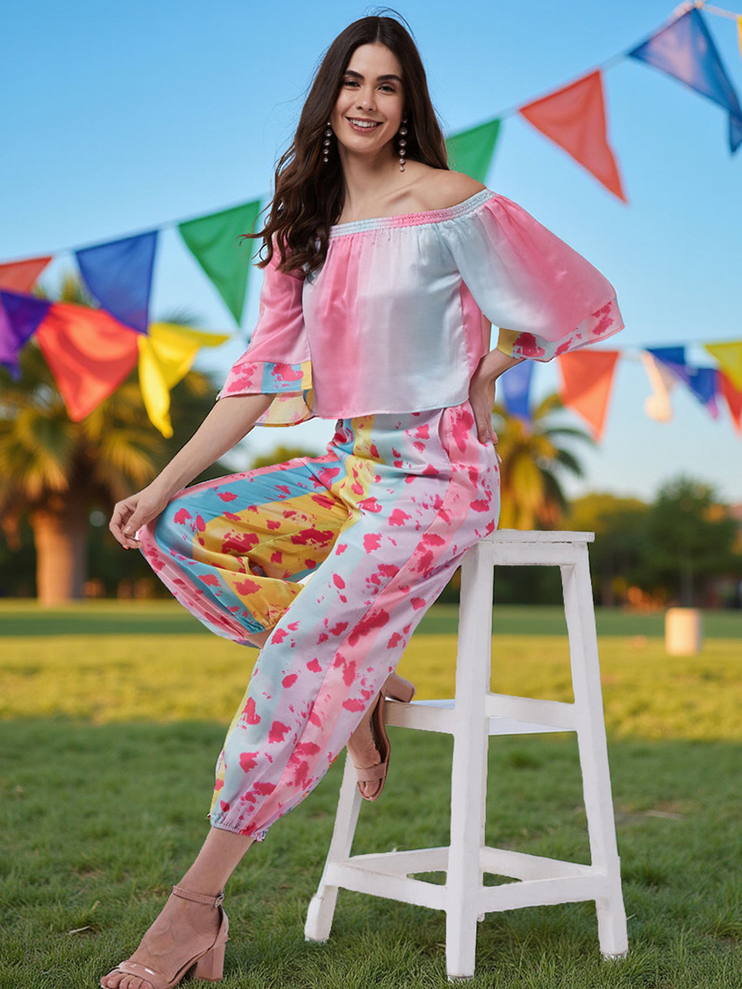 Zima Leto Women Pink & Yellow Printed Top with Dhoti Pants