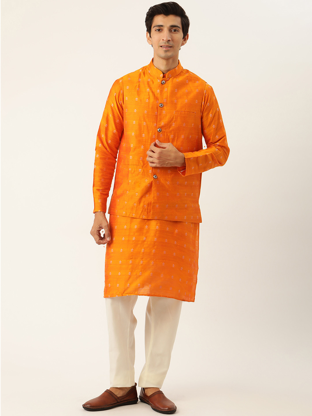SOJANYA Men Orange & Off-White Woven Design Kurta with Pyjama & Nehru Jacket