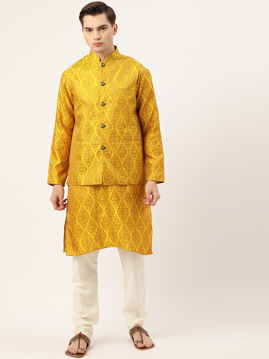 SOJANYA Men Mustard Yellow & Off-White Ethnic Motifs Kurta with Churidar