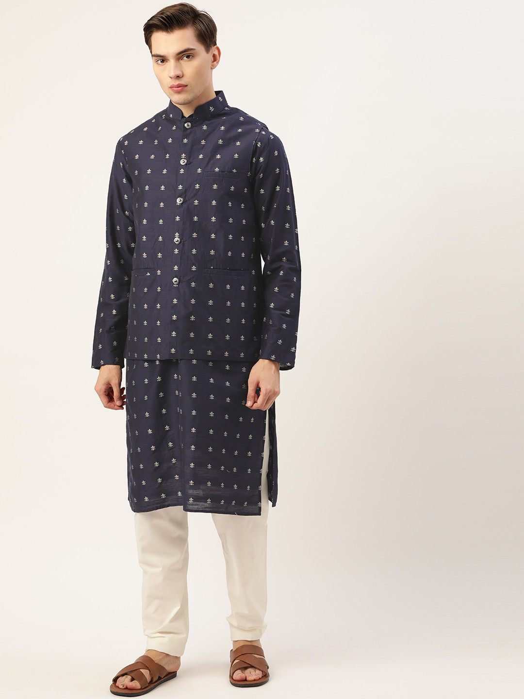 SOJANYA Men Navy Self Design Kurta with Churidar & Nehru Jacket