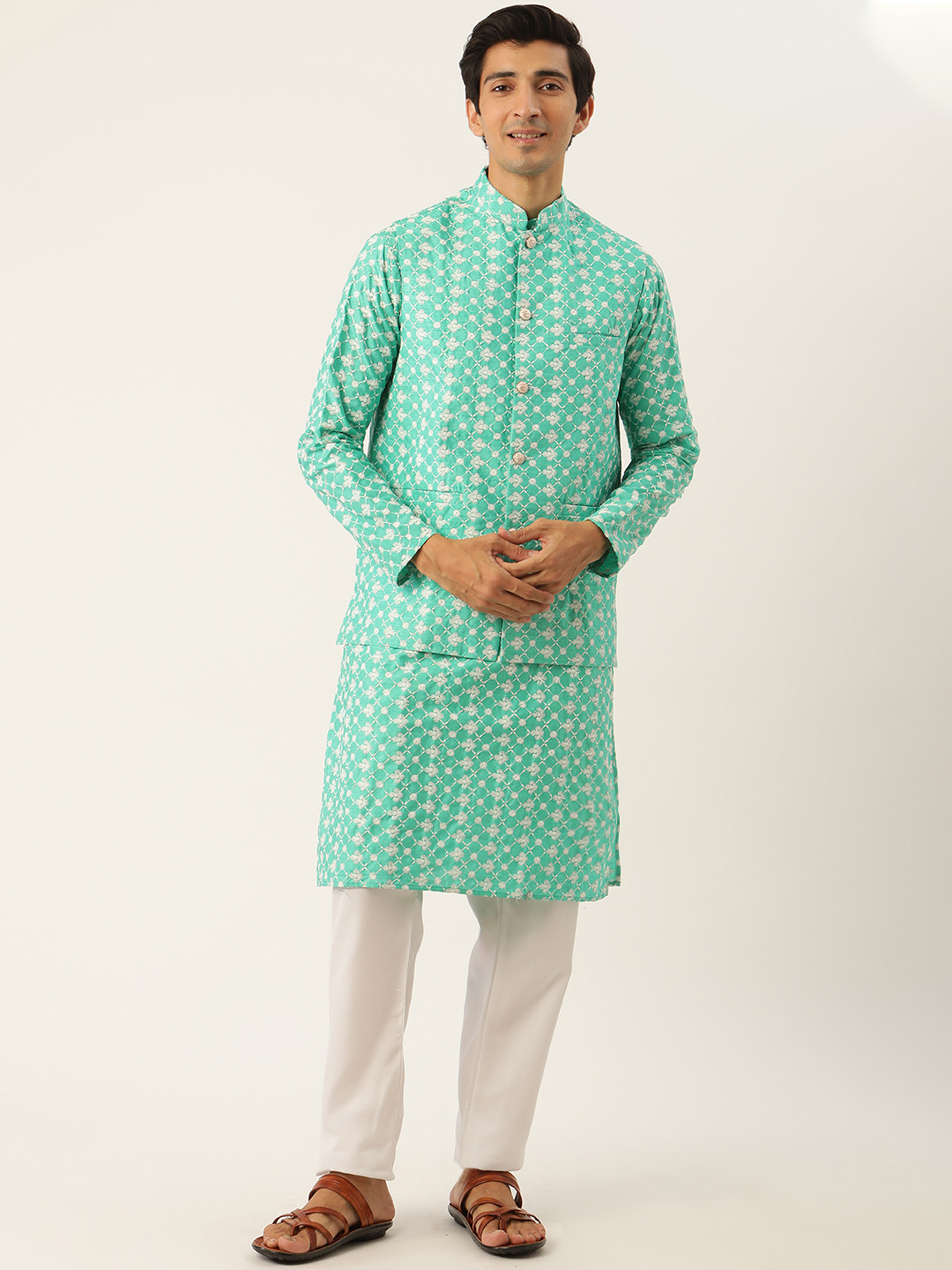 SOJANYA Men Blue Ethnic Motifs Embroidered Kurta Set With Nehru Jacket