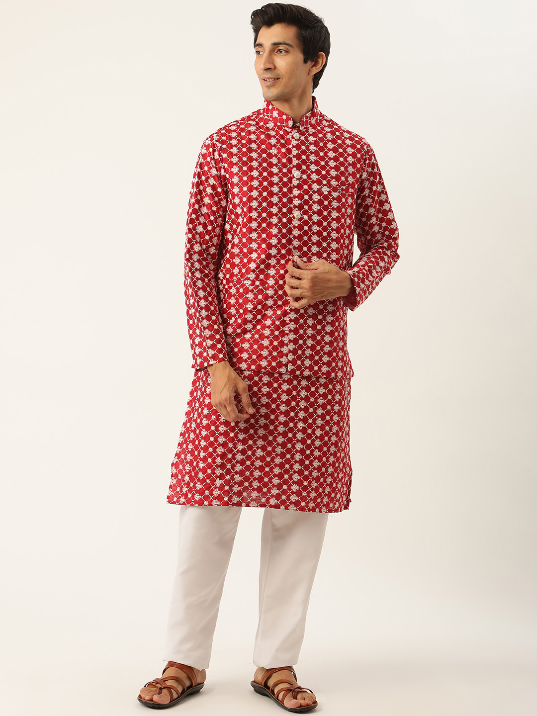 SOJANYA Men Maroon Ethnic Motifs Embroidered Kurta Set With Nehru Jacket