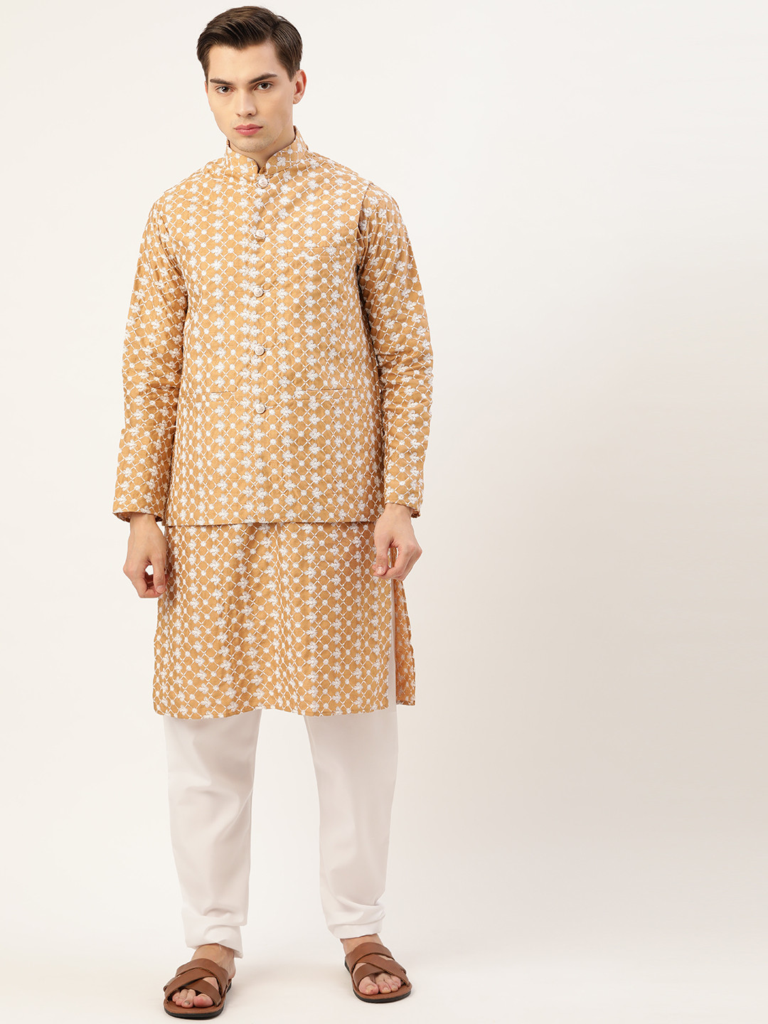 SOJANYA Men Golden & White Floral Embroidered Kurta with Churidar & Nehru Jacket