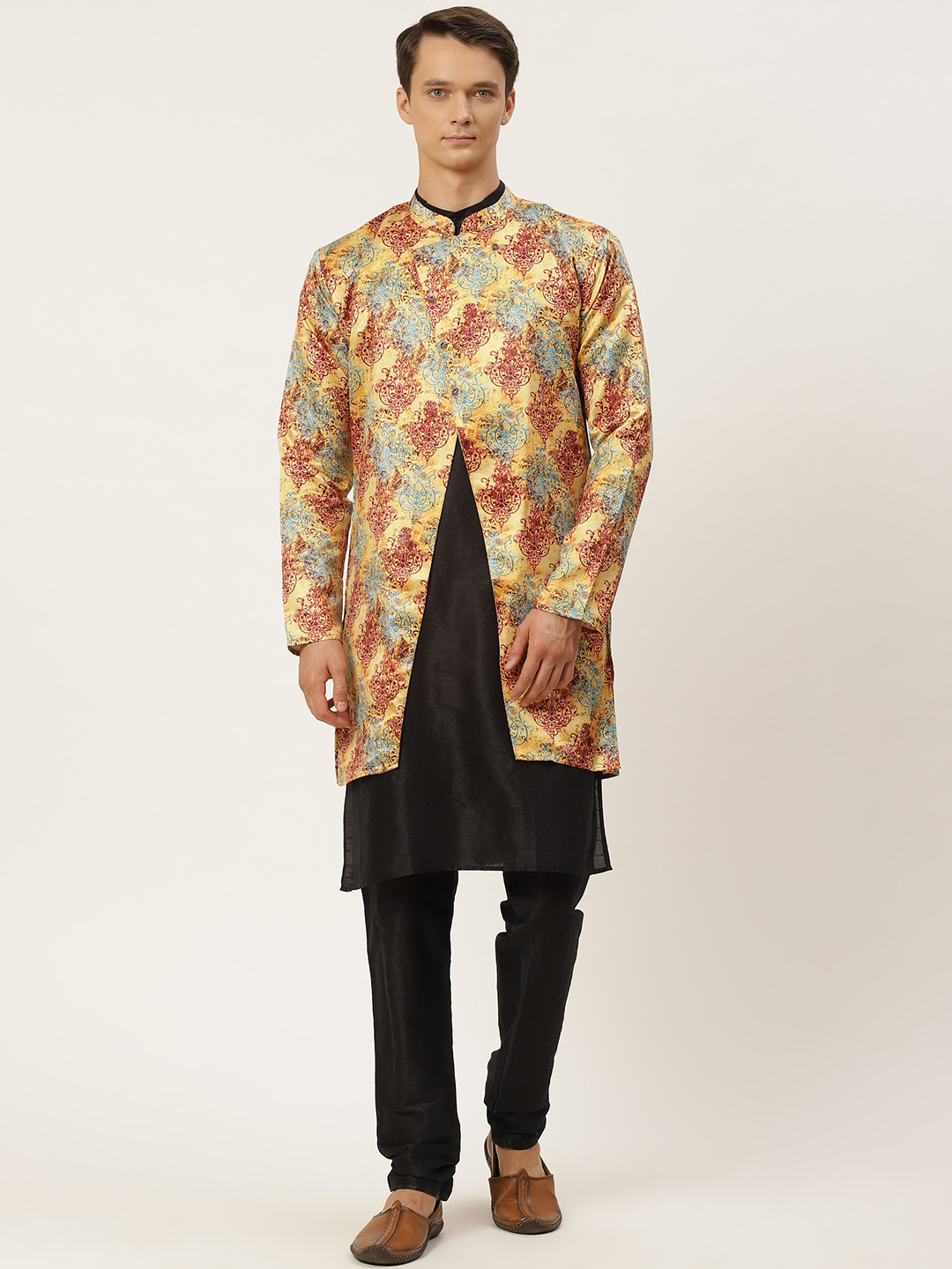SOJANYA Men Black & Yellow Kurta with Churidar