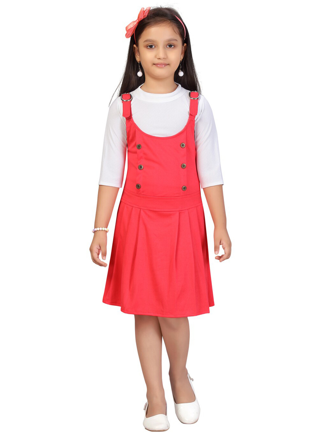 Aarika Girls White Solid Pinafore Dress With Tshirt