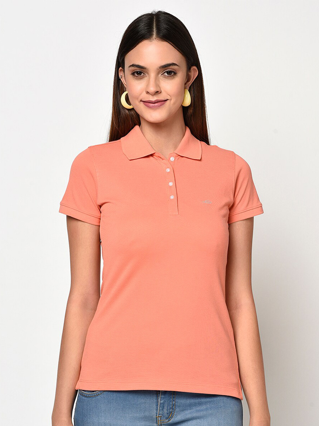 METTLE Women Peach-Coloured Solid Polo Collar T-shirt