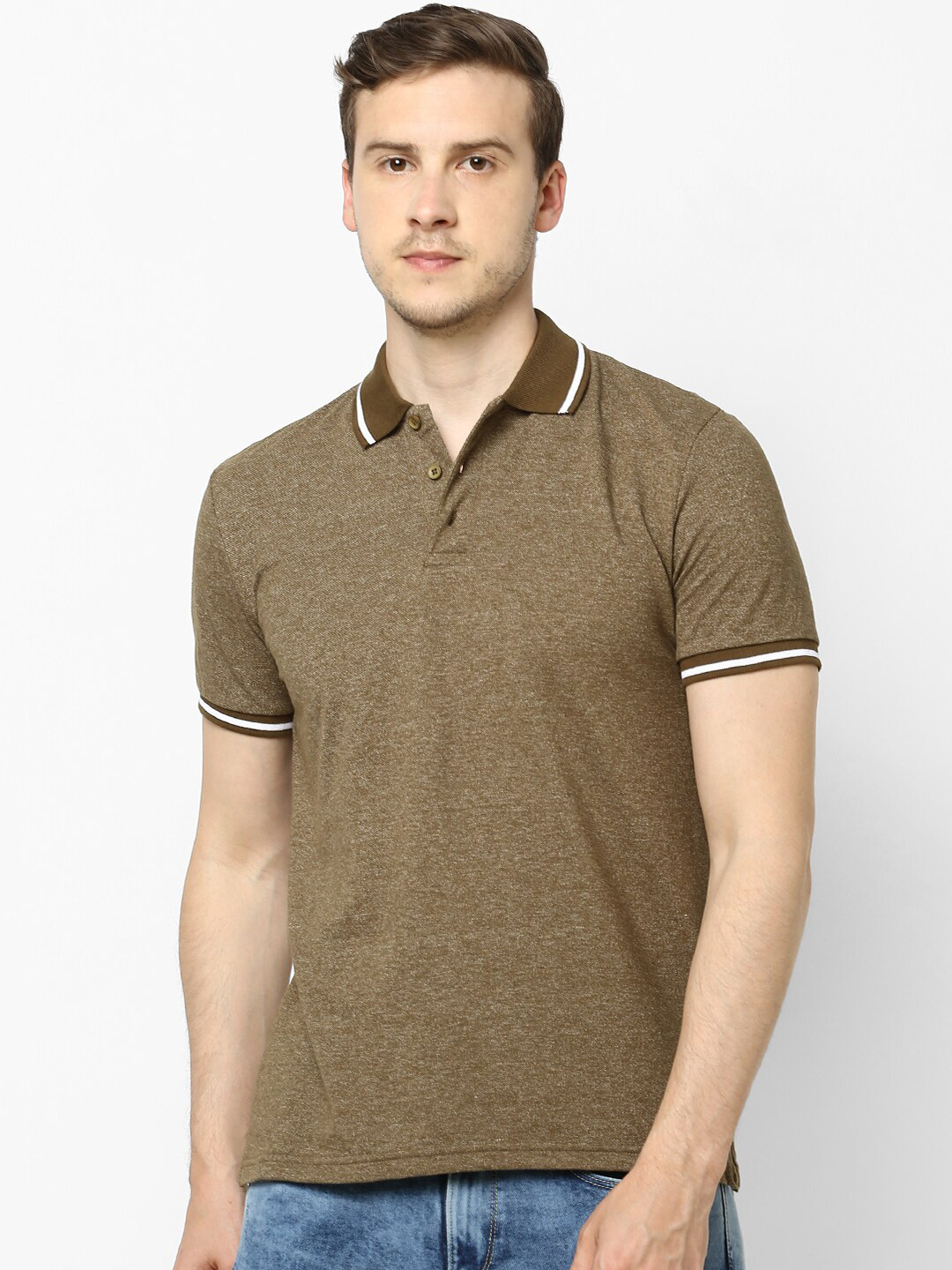 Celio Men Olive Green Self Design Polo Collar T-shirt