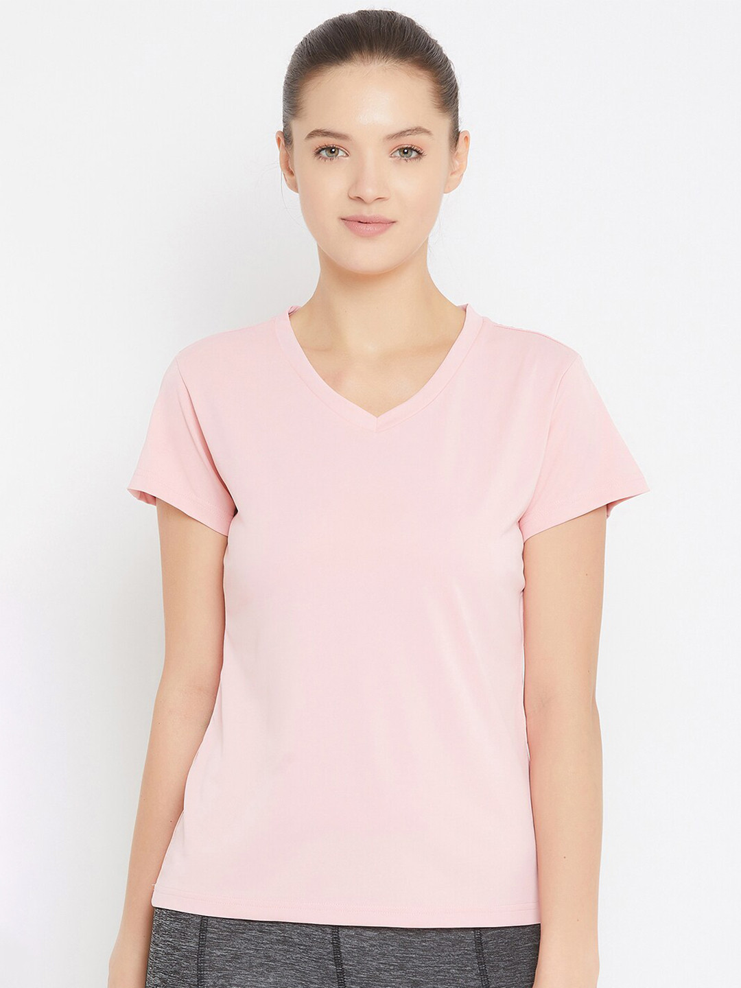 JUMP USA Women Pink Solid V-Neck T-shirt