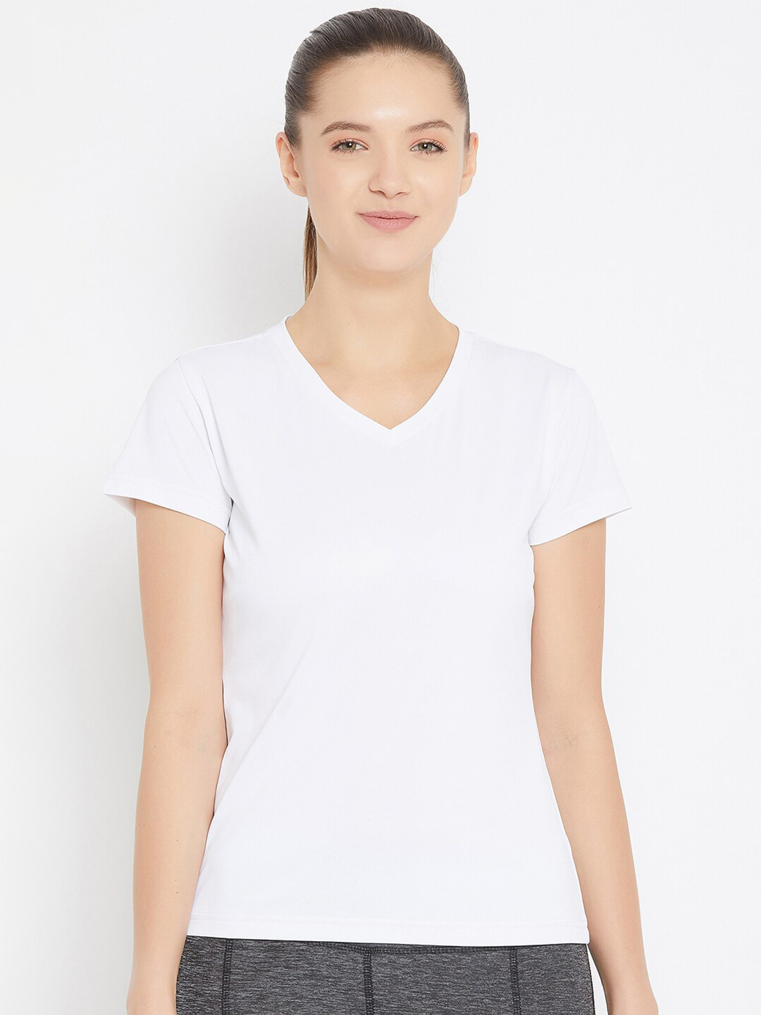JUMP USA Women White Solid V-Neck T-shirt