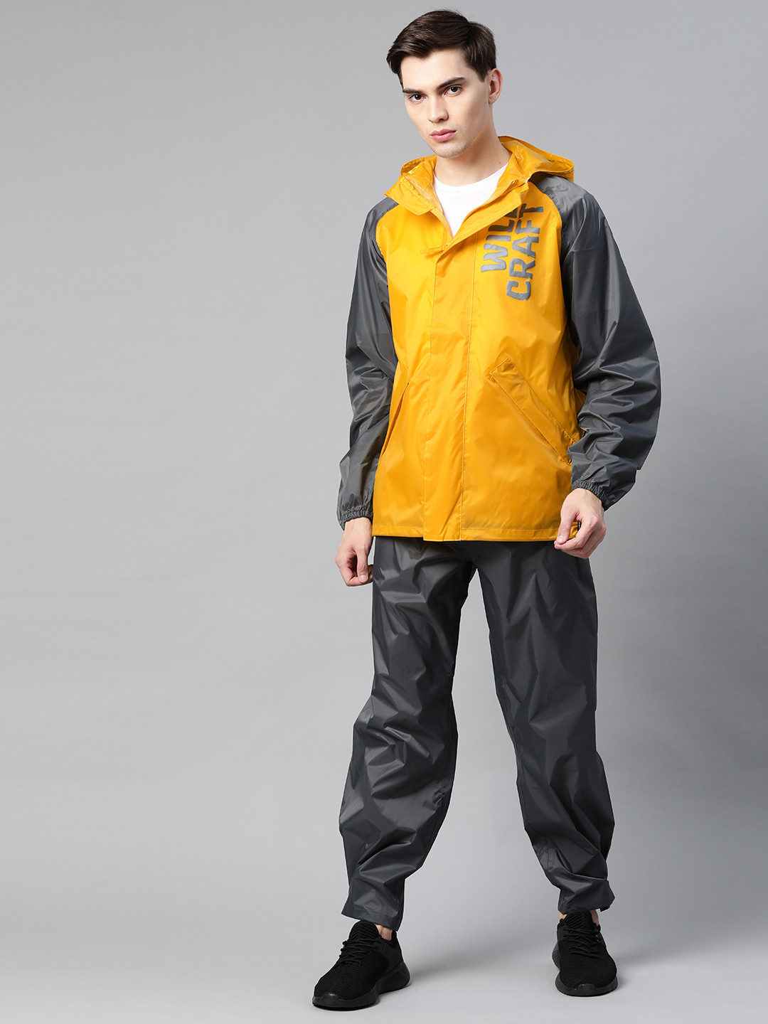 Wildcraft Men Mustard Yellow & Charcoal Grey Brand Logo Print Hooded Rain Suit