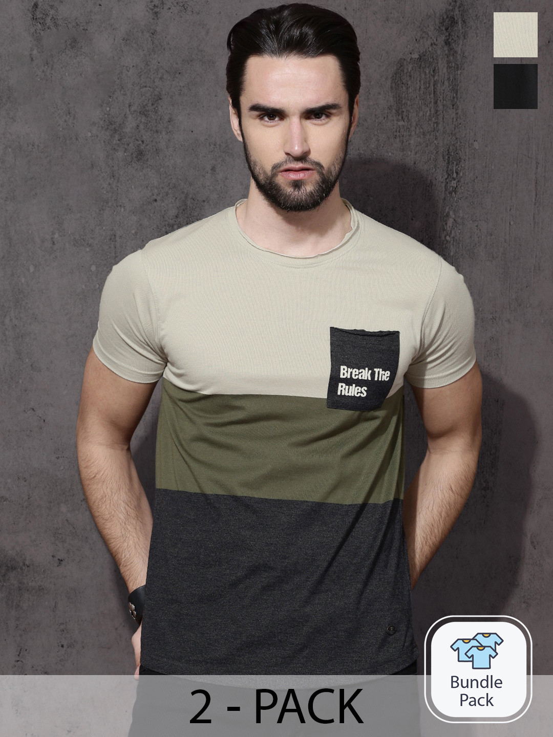 Roadster Men Beige & Black Pack of 2 T-shirts