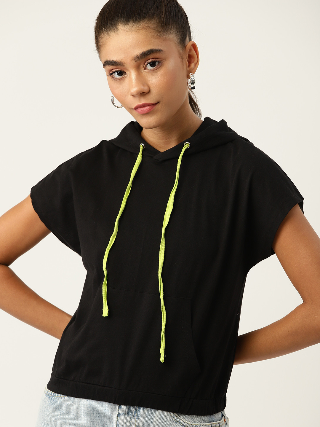 DressBerry Women Black Drop-Shoulder Sleeves Pure Cotton T-shirt