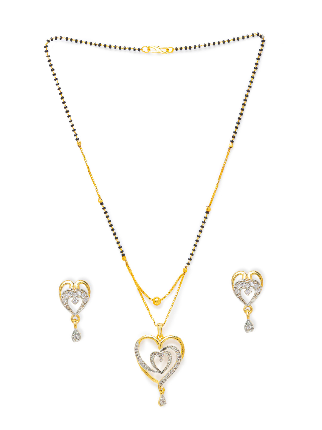 Digital Dress Room Gold-Plated Black Beaded White Stone-Studded Mangalsutra With Earrings