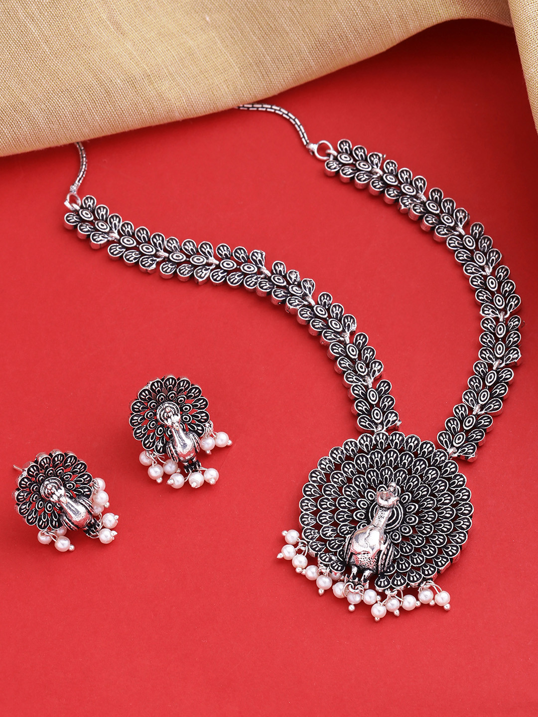 Yellow Chimes Oxidized Silver Brass-Plated & White Pearl-Beaded Oxidised Peacock Jewellery Set