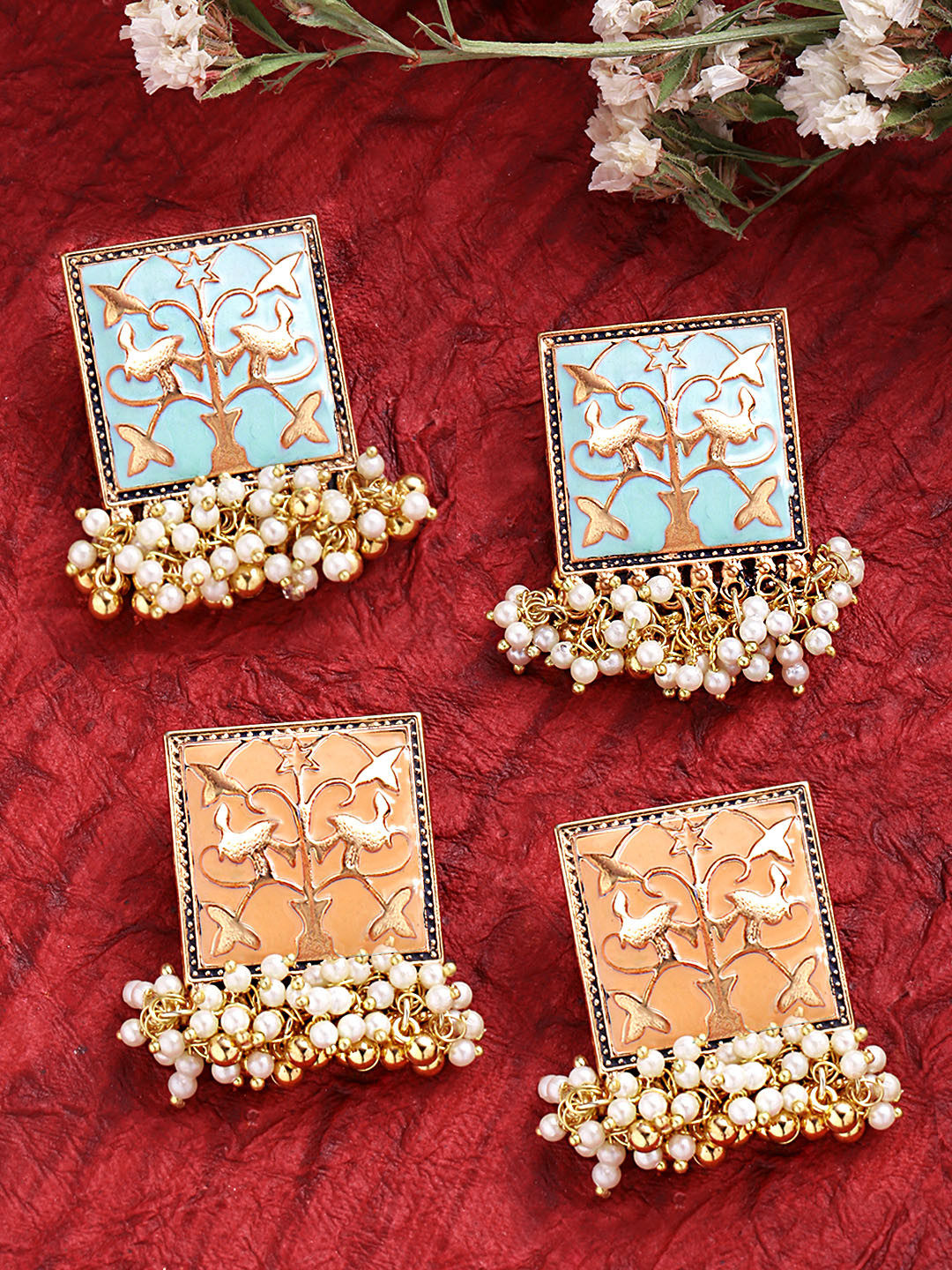 Yellow Chimes Set of 2 Gold-Plated Square Beaded Handcrafted Enamelled Earrings