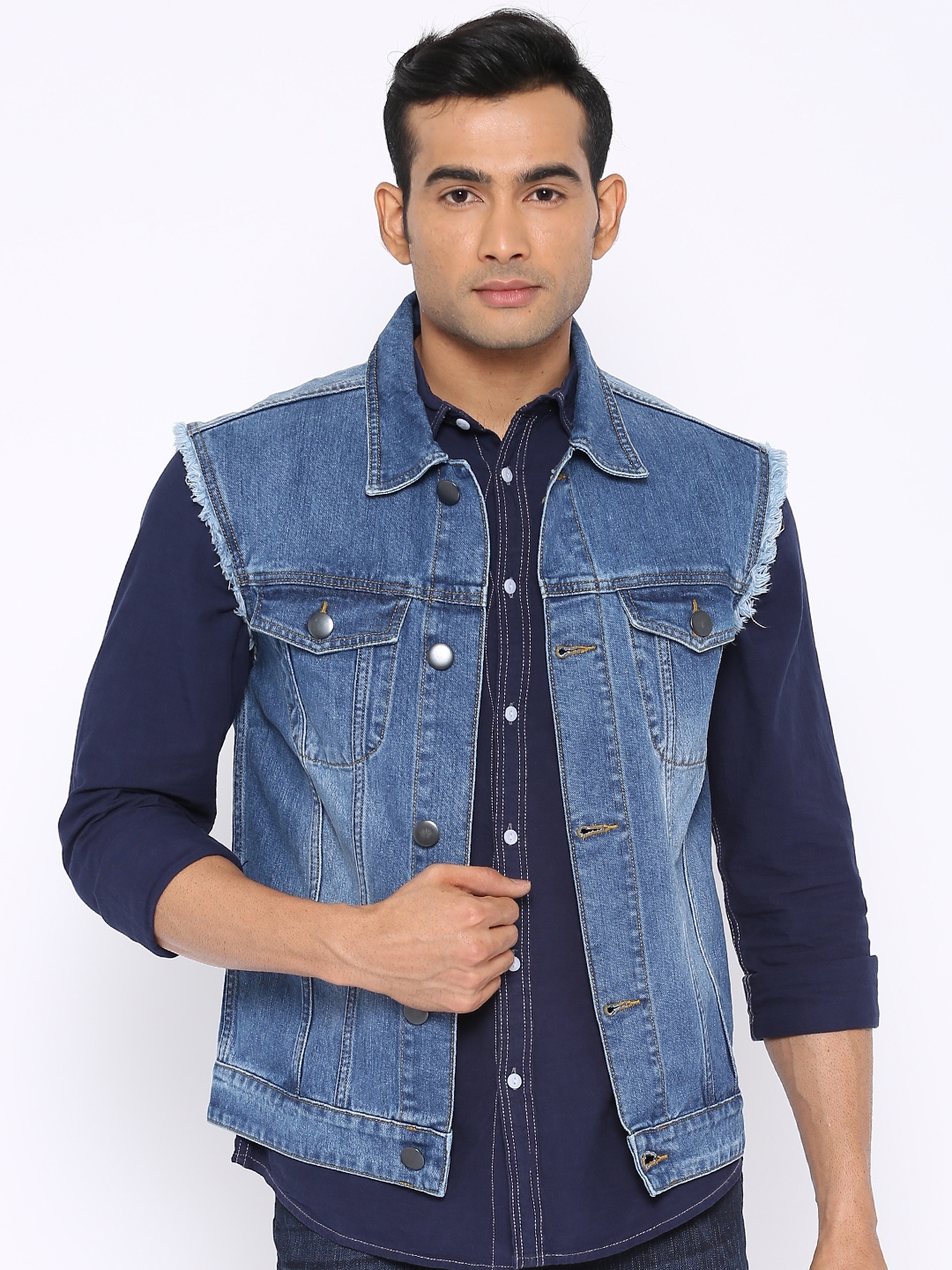 Buy Slub Blue Denim Sleeveless Jacket  Jackets for Men 1422414  Myntra