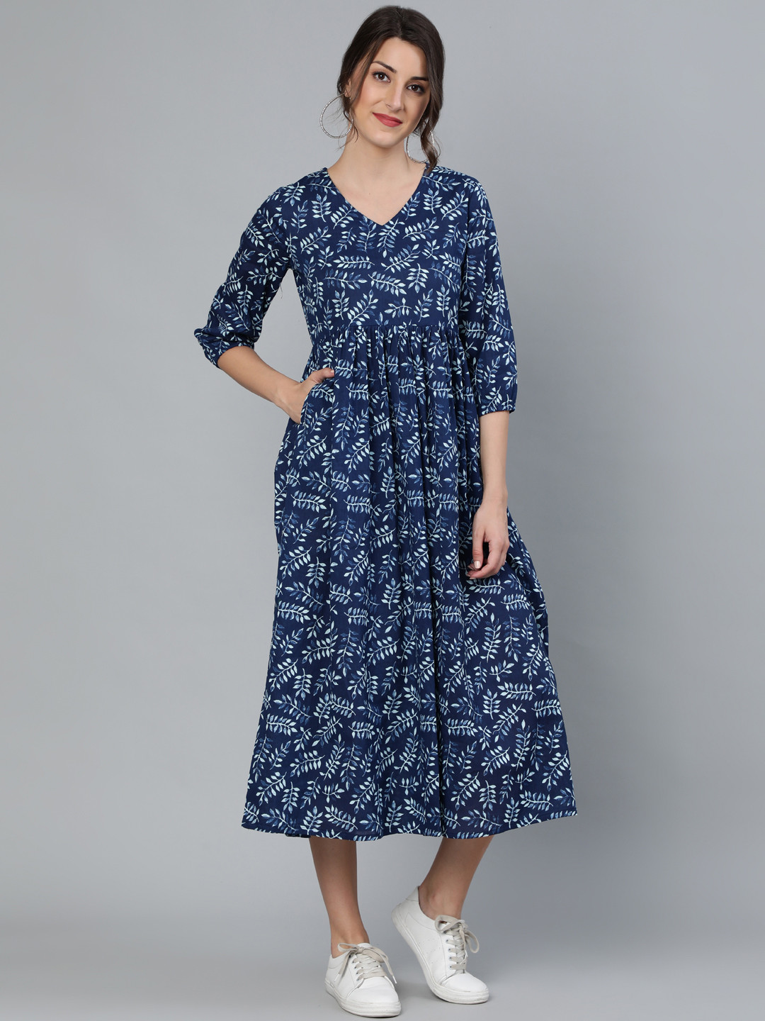 Nayo Blue Tropical Fit and Flare Cotton Dress