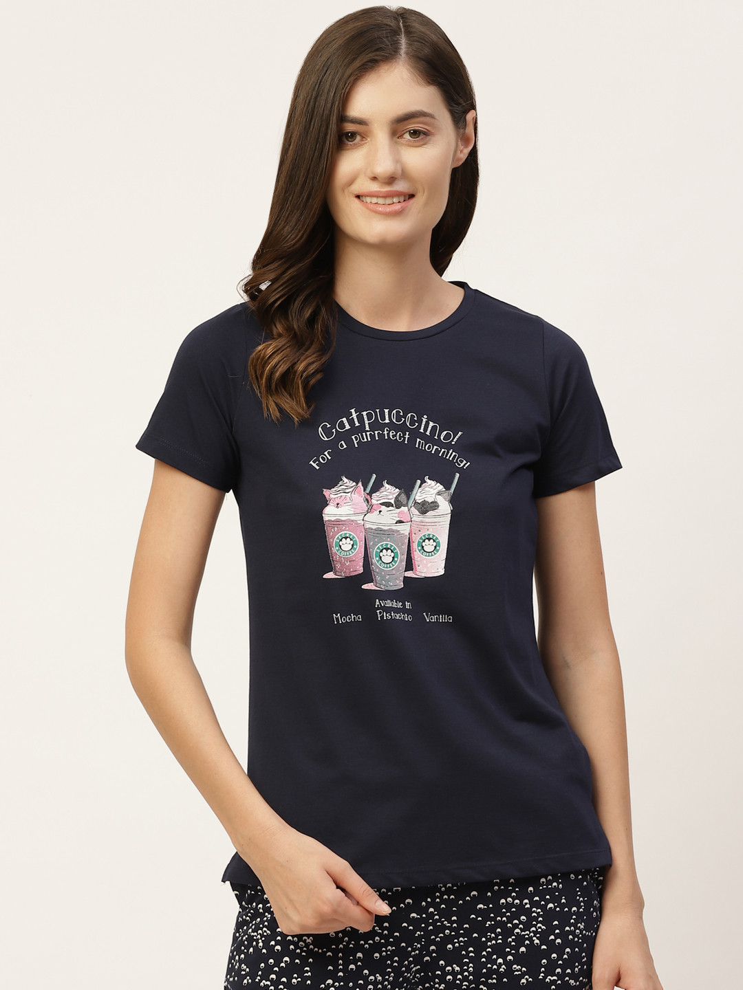 MADAME M SECRET Women Navy Blue & White Printed Night suit