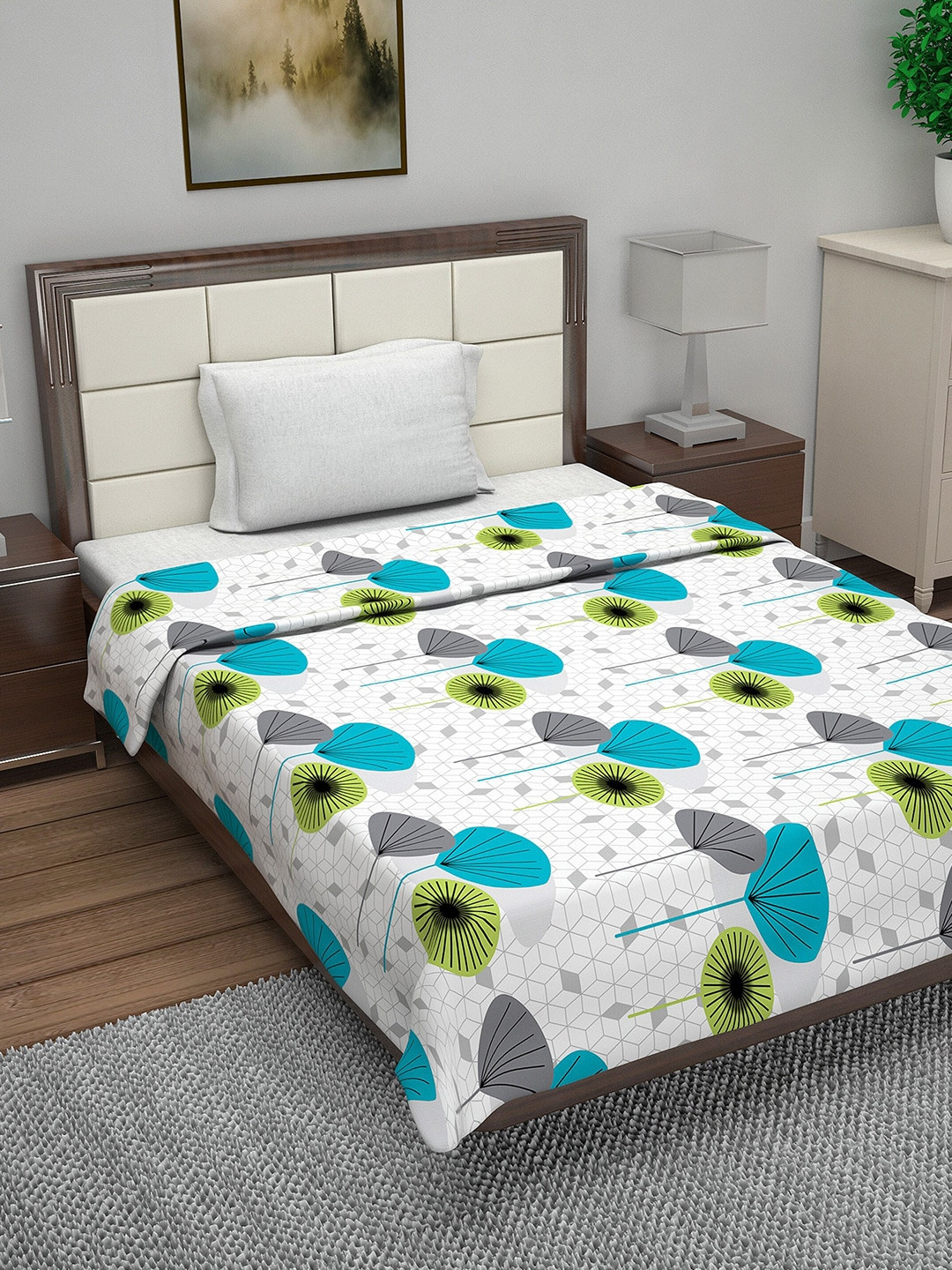 Divine Casa White & Turquoise Blue Floral AC Room 110 GSM Single Bed Dohar