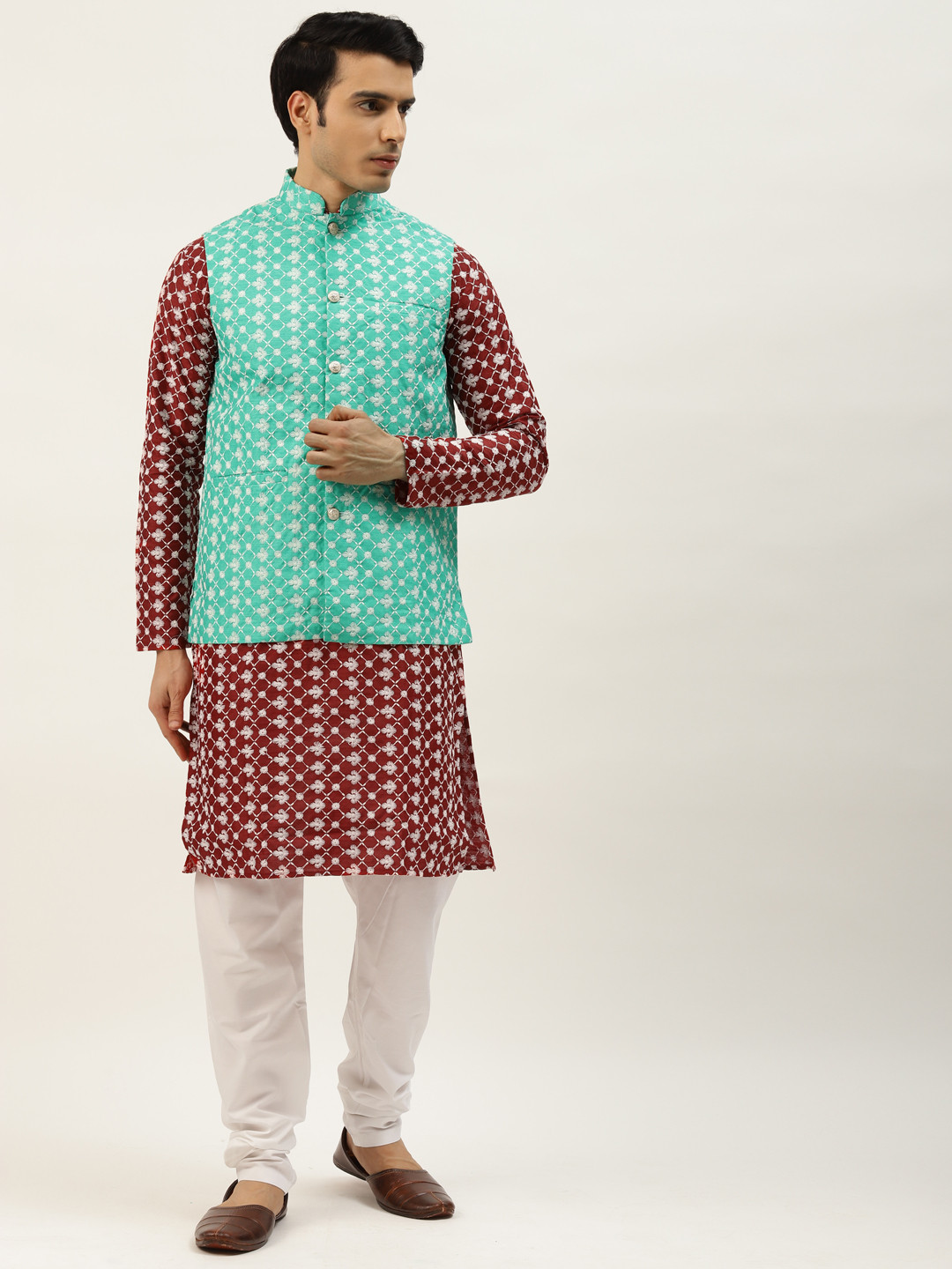 SOJANYA Men Maroon Chikankari Embroidered Kurta with Churidar & Nehru Jacket