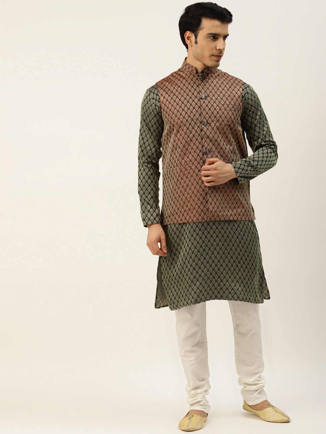 SOJANYA Men Olive Green & Rust Red Jacquard Ethnic Motifs Straight Kurta with Churidar